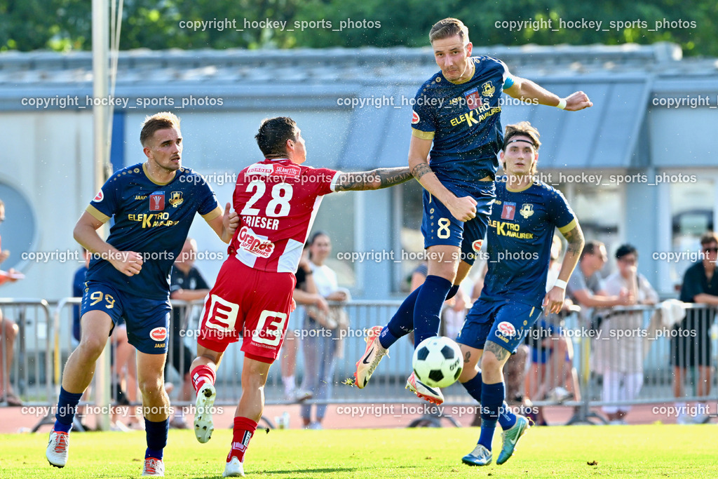 ATUS Velden vs. GAK | #99 Luca Alexander Pollanz ATUS Velden, #28 Dominik Frieser GAK, #8 Fabian Kopeinig ATUS Velden, #4 Ryan Taylor Thomas Lee Colvin ATUS Velden, ATUS Velden vs. GAK, ATUS Velden vs. GAK am 26.07.2024 in Villach (Stadion Lind), Austria, (Photo by Bernd Stefan)