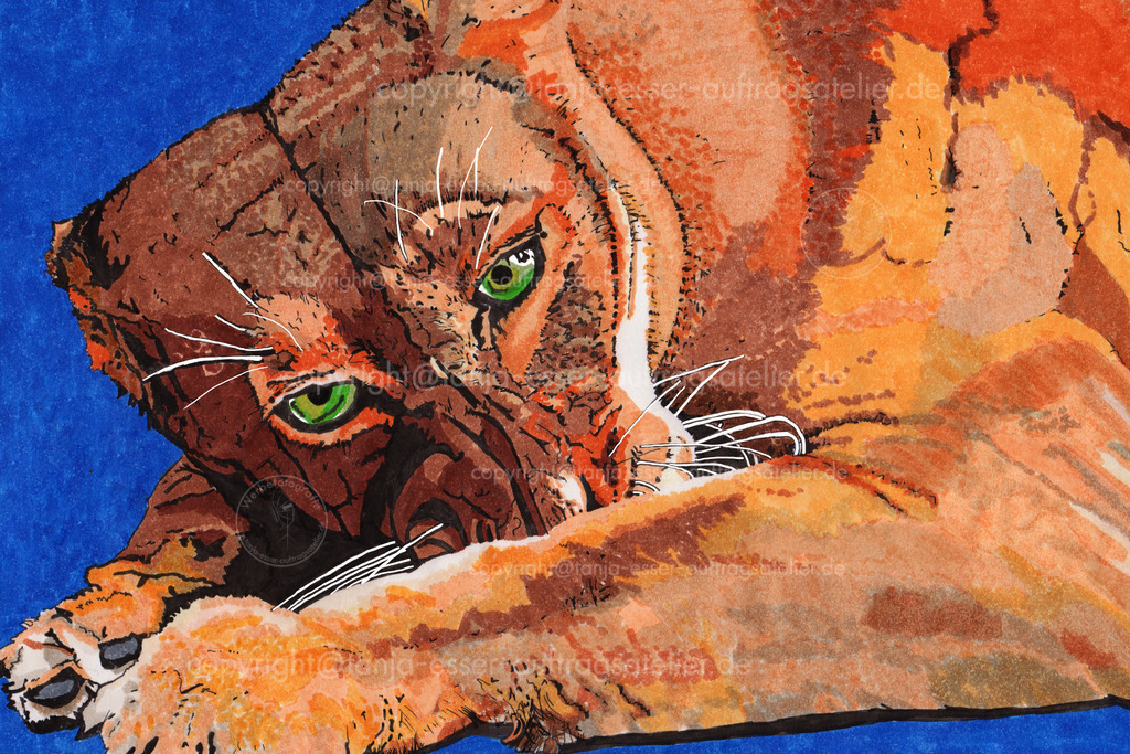 Copic Marker Loewin | Mit Markern gezeichnete Illustration zeigt eine Löwin beim Fressen. Intensive Farben mit Kontrast farbigem blauem Hintergrund. 