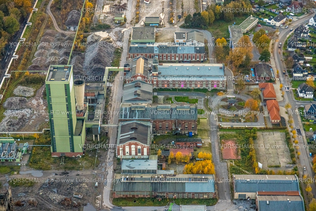 Gelsenkirchen231103365 | Luftbild, ehemaliges DSK Bergwerk Lippe  Westerholt, Egonstraße, an der Stadtgrenze zu Gelsenkirchen, umgeben von herbstlichen Laubbäumen, Hassel, Gelsenkirchen, Ruhrgebiet, Nordrhein-Westfalen, Deutschland