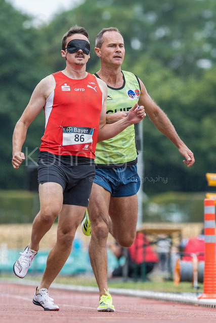 Para Heimspiel 7.0; Leverkusen, 18.07.2026 | LEVERKUSEN, GERMANY - JULY 18, 2026 : Marcel Boettger (GER/LG Olympia Dortmund) and his guide Alexander Kosenkow competing in the 100m during the Para Heimspiel 7.0 at Fritz Jacobi Sports Complex on July 18, 2026 in Leverkusen, Germany.