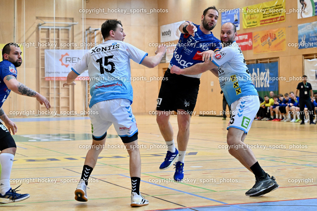 SC Ferlach vs. HSG Bärnbach/Köflach 30.3.2024 | #81 MILICEVIC Adrian SC Ferlach, #15 Knez Domen HSG Bärnbach, #57 LEBAN Patrik SC Ferlach, #35 DJURDJEVIC Milos, SC Ferlach vs. HSG Bärnbach/Köflach 30.3.2024, SC Ferlach vs. HSG Bärnbach/Köflach am 30.03.2024 in Ferlach (Ballspielhalle Ferlach), Austria, (Photo by Bernd Stefan)