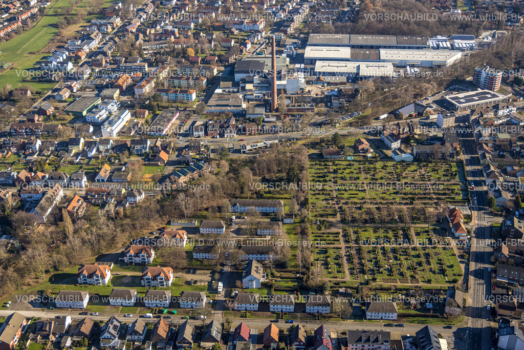 Luenen230203505 | Luftbild, Kath. Friedhof St. Marien, Wohnsiedlung An der Vogelscher, Gewerbegebiet Döttelbeckstraße mit Ardagh Group, Nordlünen, Lünen, Ruhrgebiet, Nordrhein-Westfalen, Deutschland