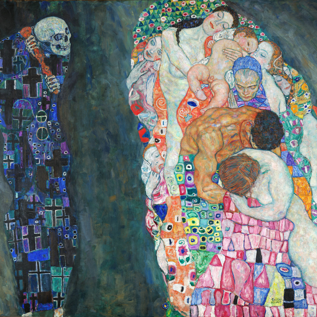 Gustav Klimt - Tod und Leben | Moderne Wandbilder auf Leinwand, Acylglas, Alu-Dibond oder als Poster. Tauchen Sie ein in die Welt KI-generierter Kunstwerke - entdecken Sie hochwertige Kunstdrucke unserer Gemälde, Illustrationen und fotorealistischen Motive.