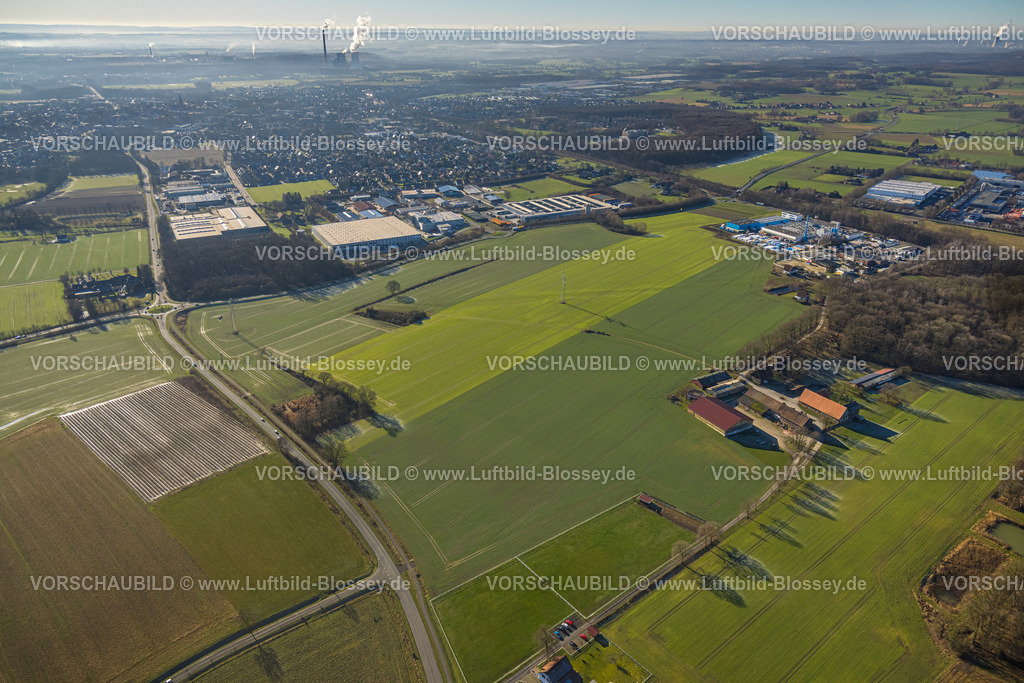 Werne230203047 | Luftbild, Geplantes Industriegebiet an der B54 zwischen Münsterstraße und Froningholz mit Icopal GmbH, Gewerbegebiet Eichenbusch, Wiesen und Felder, Werne, Ruhrgebiet, Nordrhein-Westfalen, Deutschland