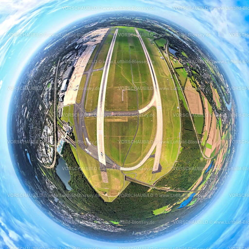 Duesseldorf250902348 | Luftbild, DUS Airport Flughafen Düsseldorf mit Startbahn und Landebahn, Erdkugel, Fisheye Aufnahme, Fischaugen Aufnahme, 360 Grad Aufnahme, tiny world, little planet, fisheye Bild, Lohausen, Düsseldorf, Ruhrgebiet, Nordrhein-Westfalen, Deutschland