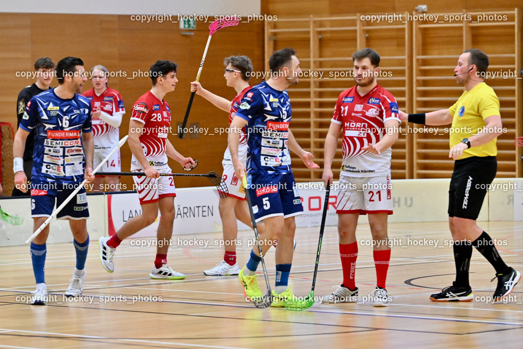 VSV Unihockey vs. KAC Floorball | Martin Ambrožič Referee, #21 Tobias Grabner KAC Floorball, #5 Michael Kanduth VSV Unihockey, #28 Gabriel Lekas KAC Floorball, #6 Timo Schmid VSV Unihockey, VSV Unihockey vs. KAC Floorball, VSV Unihockey vs. KAC Floorball am 12.04.2025 in Villach (Ballspielhalle St. Martin), Austria, (Photo by Bernd Stefan)