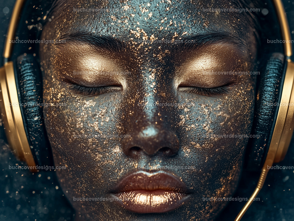 Gesicht einer Frau mit Kopfhörer (7) | black dark woman face wears a golden headphone, top view, close up, - - studio light .- vivid colors high detail realistic photo sureal --ar 4:3 --weird 200 --v 6.1 Job ID: 4d078a82-9735-44b2-8082-c06ac2c0133c