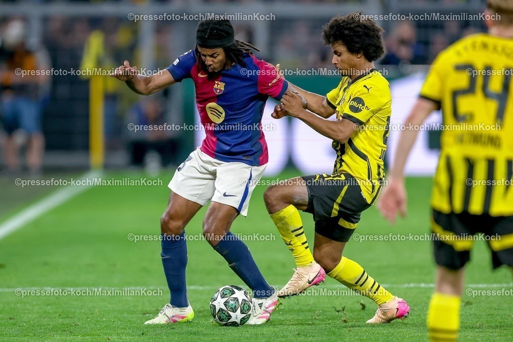 UCL1504251094 | 15.04.2025, Fußball, UEFA Champions League, Borussia Dortmund - FC Barcelona, BVB Stadion, Viertelfinale, Saison 2024 2025: Jules Kounde (FC Barcelona #23) im Zweikampf gegen Karim Adeyemi (BVB #27) Regulations prohibit any use of photographs as image sequences and or quasi-video.