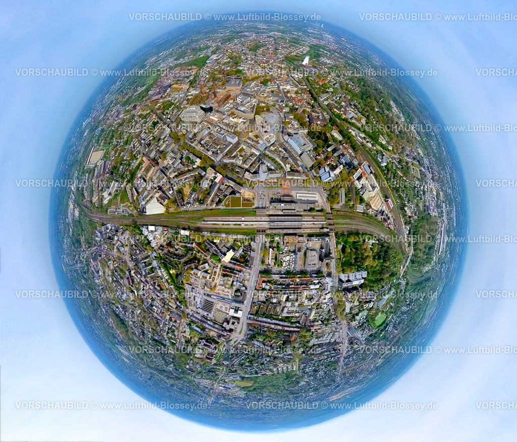 Bochum240490022Hauptbahnhof | Luftbild, Hauptbahnhof Bochum Hbf, Innenstadt City Ansicht, Erdkugel, Fisheye Aufnahme, Fischaugen Aufnahme, 360 Grad Aufnahme, tiny world, little planet, fisheye Bild, Gleisdreieck, Bochum, Ruhrgebiet, Nordrhein-Westfalen, Deutschland