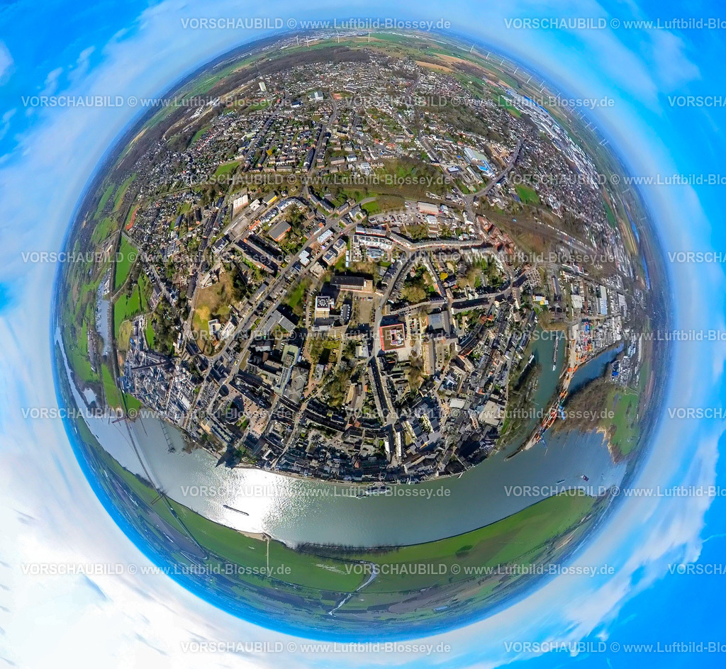 Emmerich240390145Mitte | Luftbild, Wohngebiet Ortsansicht und Fluss Rhein, Rheinpark und Hafen Emmerich, Erdkugel, Fisheye Aufnahme, Fischaugen Aufnahme, 360 Grad Aufnahme, tiny world, little planet, fisheye Bild, Emmerich, Emmerich am Rhein, Nordrhein-Westfalen, Deutschland