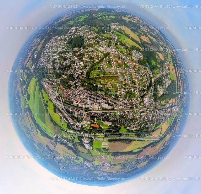 Froendenberg230990117 Mitte | Luftbild, Ortsansicht Fröndenberg-Mitte, Erdkugel, Fisheye Aufnahme, Fischaugen Aufnahme, 360 Grad Aufnahme, tiny world, Fröndenberg, Fröndenberg, Ruhrgebiet, Nordrhein-Westfalen, Deutschland