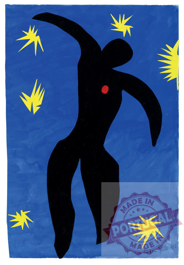 Icarus falling through starry blue night. Henri Matisse | Black silhouette of a figure falling against a deep blue background with yellow stars - Realisiert mit Pictrs.com
