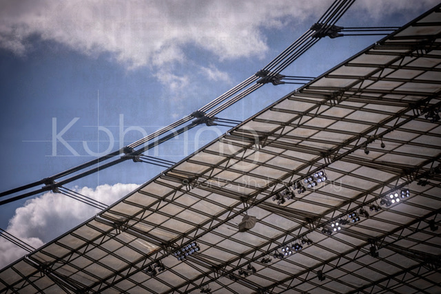 German Bundesliga, Bayer 04 Leverkusen vs. VfL Wolfsburg, 04.04.2026 | LEVERKUSEN, GERMANY - APRIL 4, 2026 :  The stadium roof with a part ob blue sky with some clouds before the German Bundesliga match on gameday 28 between Bayer 04 Leverkusen vs. VfL Wolfsburg at BayArena on April 4, 2026 in Leverkusen, Germany. DFL REGULATIONS PROHIBIT ANY USE OF PHOTOGRAPHS AS IMAGE SEQUENCES AND/OR QUASI-VIDEO.
