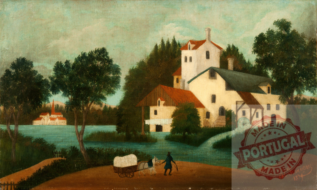 Rural landscape with a cart and watermill by Henri Rousseau. Henri Rousseau | Rural landscape painting depicting a village, river, trees, and a man pulling a cart near a watermill - Realized with Pictrs.com