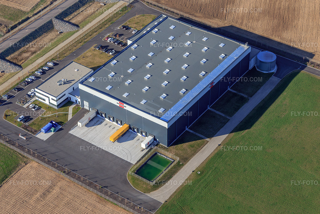 Aerial view: Industrial Park Rue de Bruxelles with H. Brennenstuhl SAS in Bernolsheim in the state Bas-Rhin, France.Photo: IMG_097636.jpg taken on 03/16/2017 by Werner Riehm/FLY-FOTO.comResolution of the original: 5094 x 3396 pxWWW.BRENNENSTUHL.FR