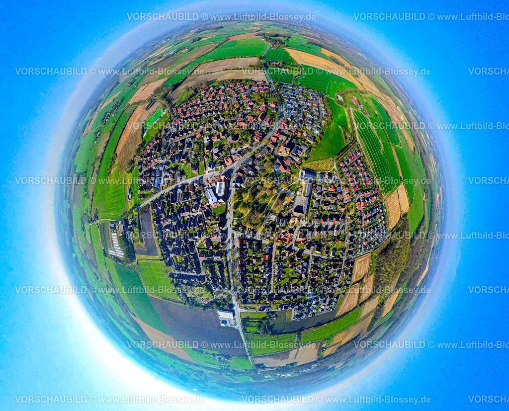 Nordkirchen250490016CapelleSuedkirchen | Luftbild, Wohngebiet Ortsansicht Ortsteil Capelle und Südkirchen, Erdkugel, Fisheye Aufnahme, Fischaugen Aufnahme, 360 Grad Aufnahme, tiny world, little planet, fisheye Bild, Capelle, Nordkirchen, Ruhrgebiet, Nordrhein-Westfalen, Deutschland