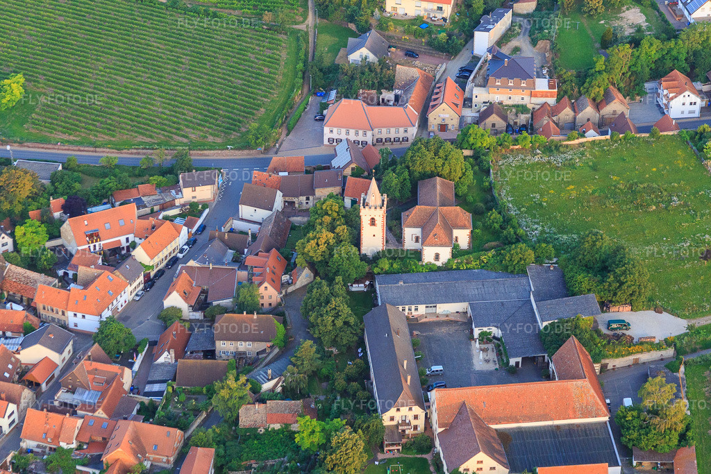 Luftbild: Weingut Schloss Janson an der Martinskirche im Ortsteil Großbockenheim in Bockenheim im Bundesland Rheinland-Pfalz in Deutschland. Foto: IMG_091193.jpg vom 07.07.2016 durch Werner Riehm/FLY-FOTO.deWWW.SCHLOSS-JANSON.DE