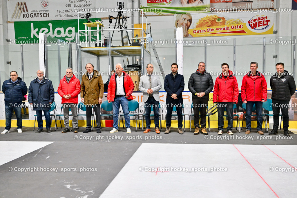 ESC Soccerzone Steindorf 50 Jahr Feier 26.2.2023 | ESC Steindorf sportlicher Leiter Armin Rac, DR. Dieter Kalt, ASVÖ Kärnten Christoph Schasché, ÖEHV Präsident Klaus Hartmann, Bürgermeister Steindorf Georg Kavalar, Landesrat Sebastian Schuschnig, Landtagsabgeordneter Kärnten Christof Seymann, KEHV Präsident Michael Herzog Löschnig