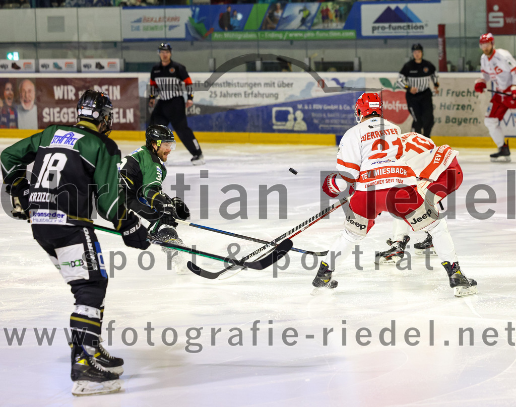 2023-03-19_015_TSV_Erding_gegen_TEV_Miesbach | Erding, Deutschland, 19.03.2023:
Eishockey, Bayernliga Playoffs 2022 / 2023, Halbfinale, TSV Erding gegen TEV Miesbach, Endergebnis: 

Daniel Krzizok (Erding Gladiators, #18), Thomas Plihal (Erding Gladiators, #39), Felix Feuerreiter (TEV Miesbach, #21), Michael Grabmaier (TEV Miesbach, #10)

Foto: Christian Riedel / fotografie-riedel.net