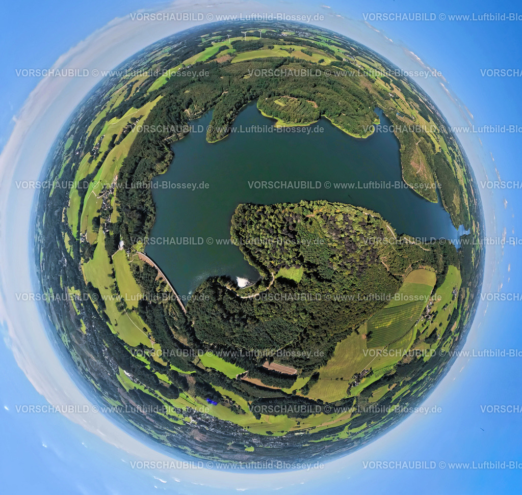 Kierspe250813366 | Luftbild, Kerspetalsperre und Waldgebiet, Erdkugel, Fisheye Aufnahme, Fischaugen Aufnahme, 360 Grad Aufnahme, tiny world, little planet, fisheye Bild, Großfastenrath, Wipperfürth, Sauerland, Nordrhein-Westfalen, Deutschland