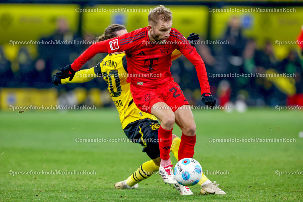 BVB30112401057 | 30.11.2024, Borussia Dortmund - FC Bayern München, 1. Fußball Bundesliga, 12. Spieltag, Signal Iduna Park, Saison 2024 2025: Zweikampf Konrad Laimer (Bayern #27) gegen Marcel Sabitzer (BVB #20)DFB regulations prohibit any use of photographs as image sequences and or quasi-video.