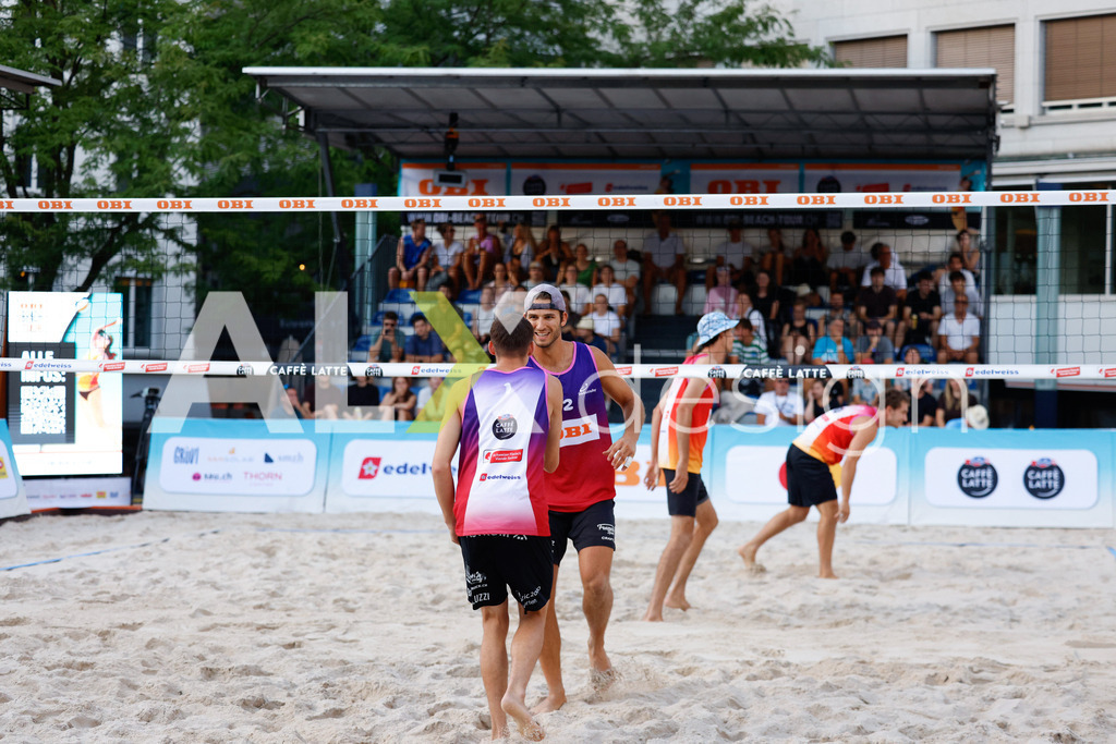 Obi BeachTour 2026 - Basel | BASEL, SWITZERLAND - JULY 17: GAÉTAN JAUFFRET (SUI) and YANN BORTOLUZZI (SUI) during the Obi BeachTour 2026 match between HAGENBUCH / HAUSSENER (SUI) and BORTOLUZZI / JAUFFRET (SUI) at Barfüsserplatz on July 17, 2026 in Basel, Switzerland. - Realisiert mit Pictrs.com