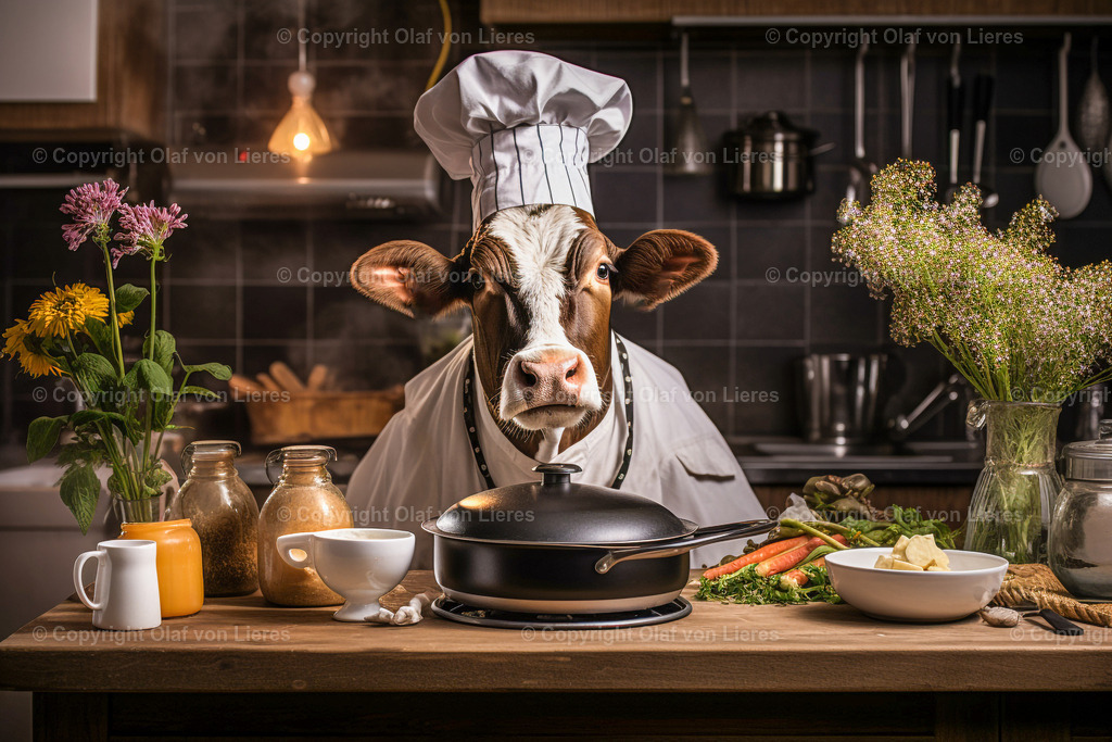 Kühe in der Küche | Kuh mit Kochmütze kocht vegetarisch