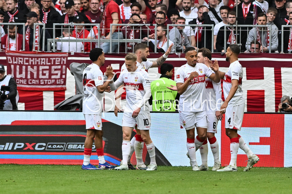 FC Bayern München - VfB Stuttgart | MUNICH, GERMANY - 19. APRIL: Stuttgart celebrating the goal to makes 0-1 - Chris FÜHRICH (VfB Stuttgart 10) - Tor / Torschuetze / Freude / Happy during the Bundesliga Match between FC Bayern Munich vs. VfB Stuttgart at Matchday 30 at Allianz Arena / DFL REGULATIONS PROHIBIT ANY USE OF PHOTOGRAPHS AS IMAGE SEQUENCES AND/OR QUASI-VIDEO