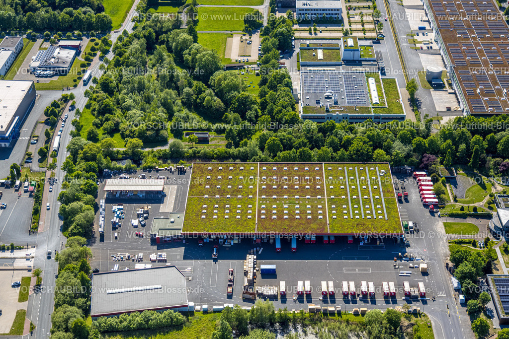 Hamm250500729Druckzentrum_DEX | Luftbild, Dachdeckereinkauf, DEX, Rhynern, Dachbegrünung, Hamm , Ruhrgebiet, Nordrhein-Westfalen, Deutschland