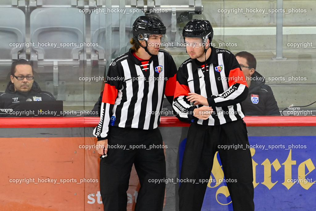 EC KAC Future Team vs. Die Adler Kitzbühl 7.10.2023 | WENUSCH Hermann Referee, BULOVEC Miha Referee, EC KAC Future Team vs. Die Adler Kitzbühl 7.10.2023, EC KAC Future Team vs. Die Adler Kitzbühl am 07.10.2023 in Klagenfurt (Messehalle Klagenfurt), Austria, (Photo by Bernd Stefan)