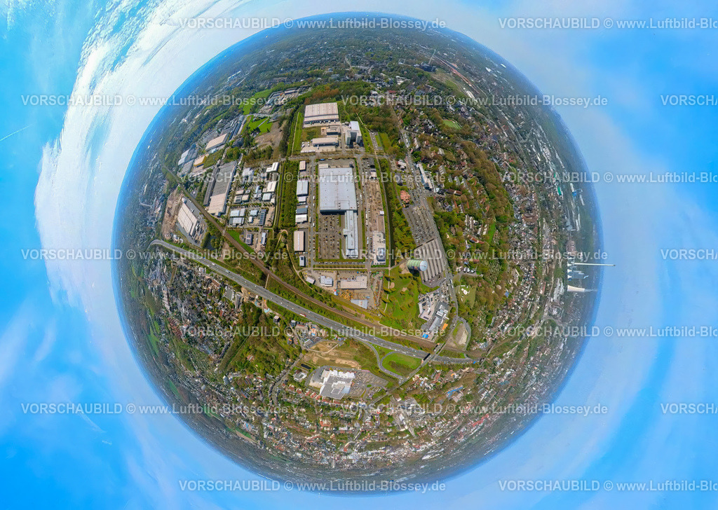 Herne230490066GewerbegebietHibernia-topaz | Luftbild, Gewerbegebiet Hibernia, Grachten, Gasometer, Erdkugel, Fisheye Aufnahme, Fischaugen Aufnahme, 360 Grad Aufnahme, Holsterhausen, Herne, Ruhrgebiet, Nordrhein-Westfalen, Deutschland