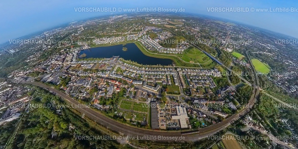 Dortmund231090016HoerdePhoenixSee | Luftbild, Phoenix-See, Wohngebiet und Naherholungsgebiet, Erdkugel, Fisheye Aufnahme, Fischaugen Aufnahme, 360 Grad Aufnahme, tiny world, Hörde, Dortmund, Ruhrgebiet, Nordrhein-Westfalen, Deutschland