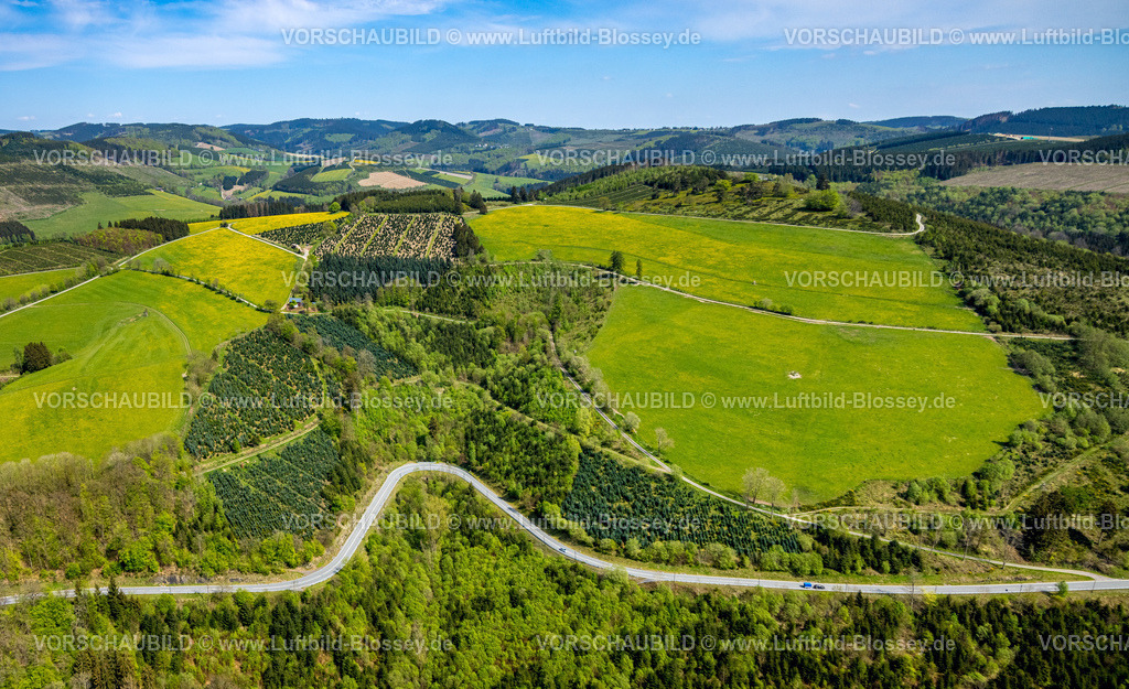 Schmallenberg240505594 | Luftbild, Straßenverkehr Hochsauerland Höhenstraße, Bundesstraße B236, Straßenbiegung, Wiesen und Felder, Fernsicht mit Bergkette, Waldsiepen, Oberkirchen, Schmallenberg, Sauerland, Nordrhein-Westfalen, Deutschland