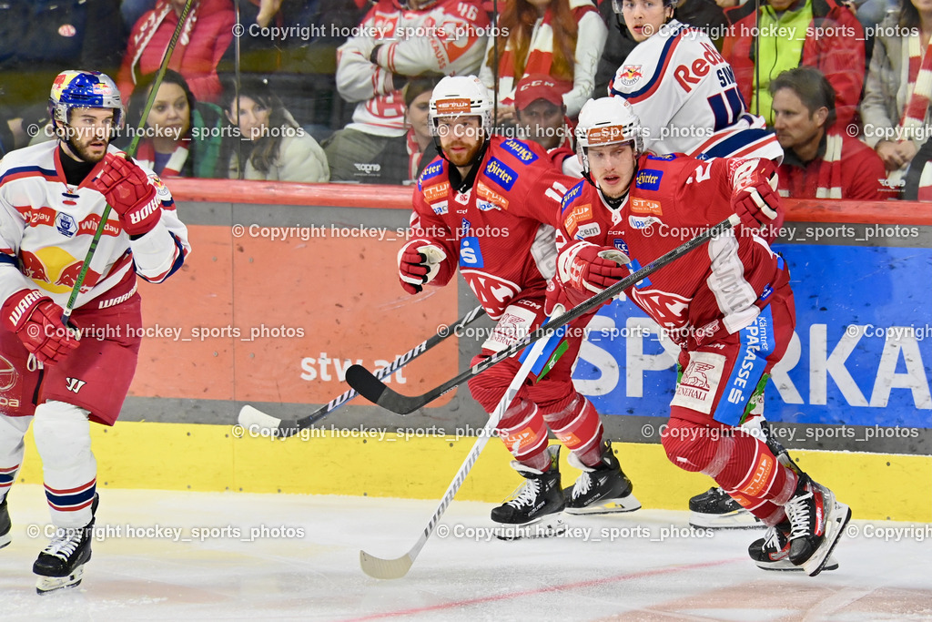 EC KAC vs. EC Red Bull Salzburb | #4 Nienhuis Nash EC RED BULL SALZBURG,  #11 Clark Kevin Paul EC KAC, #22 Peeters Senna EC KAC, EC KAC vs. EC Red Bull Salzburb, EC KAC vs. EC Red Bull Salzburb am 04.04.2025 in Klagenfurt (Heidi Horten Arena), Austria, (Photo by Bernd Stefan)