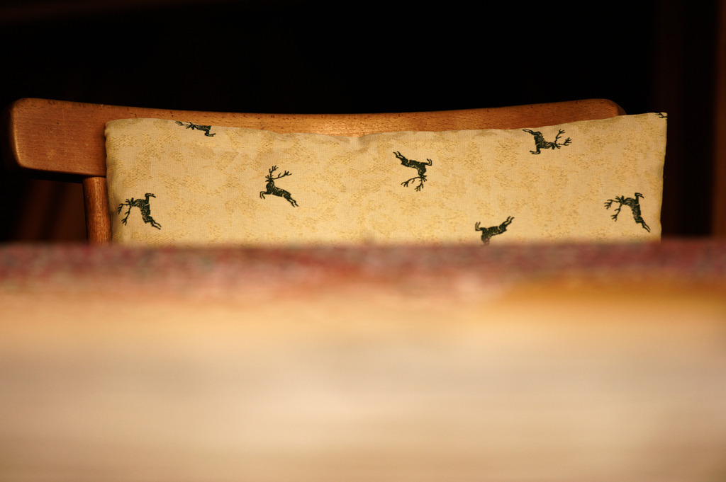 Stuhl mit Sitzkissen, Hirschmotiv | Schoenenbach, Austria - July 24, 2012: Vorsäßsiedlung Schönenbach;  Stuhl mit Sitzkissen, Hirschmotiv. - Realisiert mit Pictrs.com