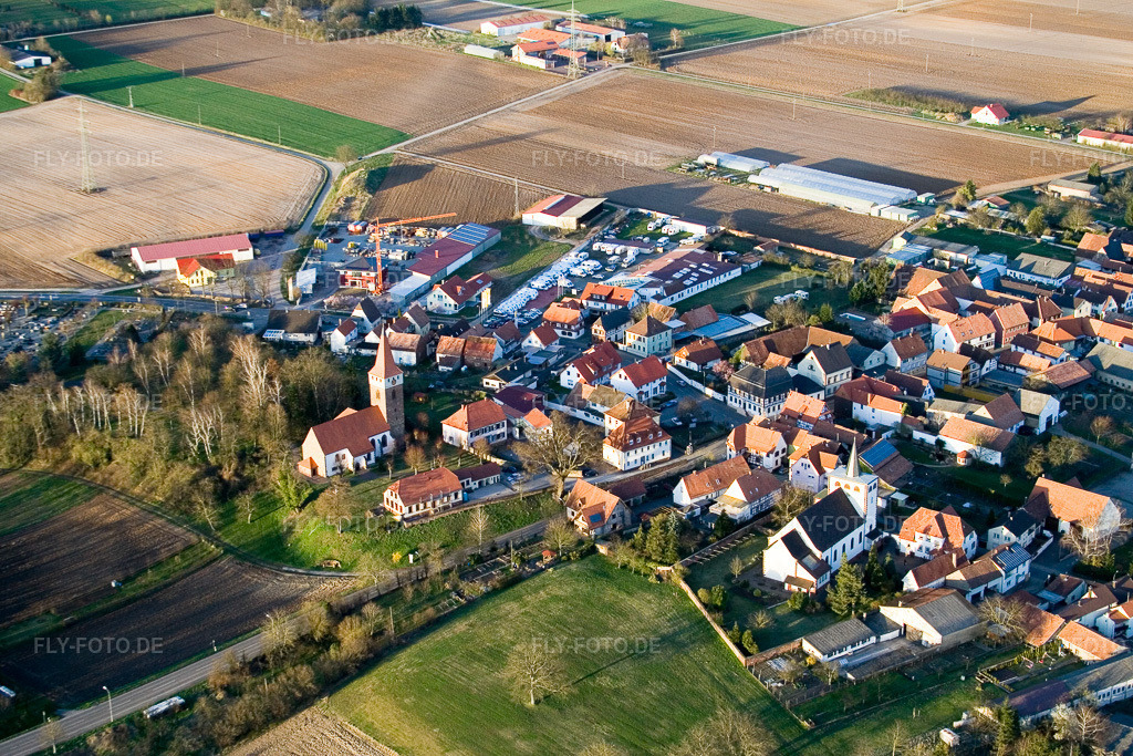 Luftbild: Dorfansicht von Südwesten in Minfeld im Bundesland Rheinland-Pfalz in Deutschland. Foto: IMG_9870.jpg vom 18.03.2008 durch Werner Riehm/FLY-FOTO.de
