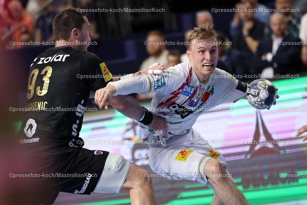 KoeEHF15062502032 | 15.06.2025, Handball, Finale TruckScout24 EHF FINAL4, LANXESS arena Köln, Füchse Berlin - SC Magdeburg: Gisli Kristjansson (Magdeburg #10) gegen Mijajlo Marsenic  (Fuechse Berlin #93) 