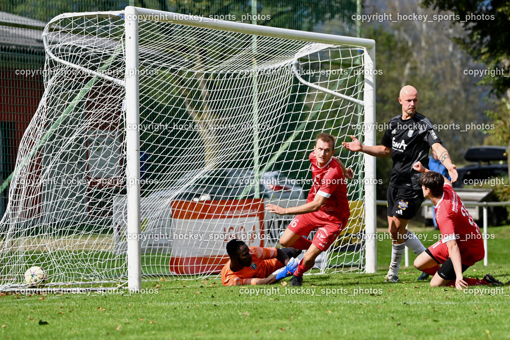 SV Rothentuhurn vs. URC Thal Assling | #16 Niklas Hinteregger SV Rothenthurn, Tor SV Rothenthurn, #99 Ayotunde Ezekiel Ikuepamitan URC Thal Assling, #14 David Walder URC Thal Assling, #31 Fabio Daxer SV Rothenthurn, SV Rothentuhurn vs. URC Thal Assling, SV Rothentuhurn vs. URC Thal Assling am 15.09.2024 in Rothenthurn (Sportplatz Rothenthurn), Austria, (Photo by Bernd Stefan)