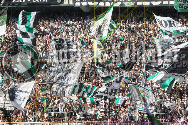 Borussia Mönchengladbach vs Hamburger SV - Bundesliga  | Mönchengladbach, Deutschland, 24.08.25:   Die Fans von Borussia Mönchengladbach mit Fahnenwaehrend des Spiels der Bundesliga zwischen Borussia Mönchengladbach vs Hamburger SV im Stadion im Borussia Park(Foto von Brauer-Fotoagentur / Adrian Schlueter)