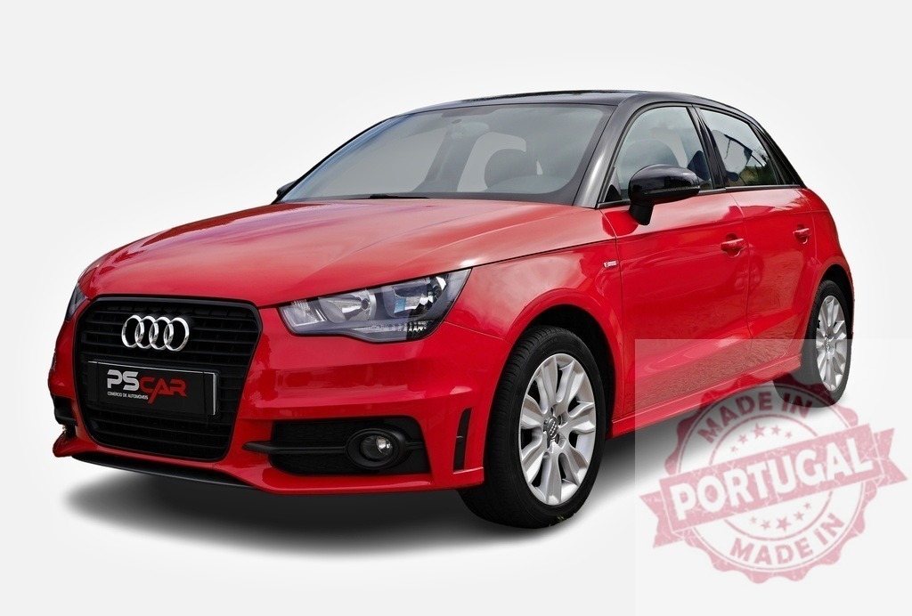 Shiny red Audi A1 facing left with black roof | Modern red Audi A1 with black roof parked on white background - Realized with Pictrs.com
