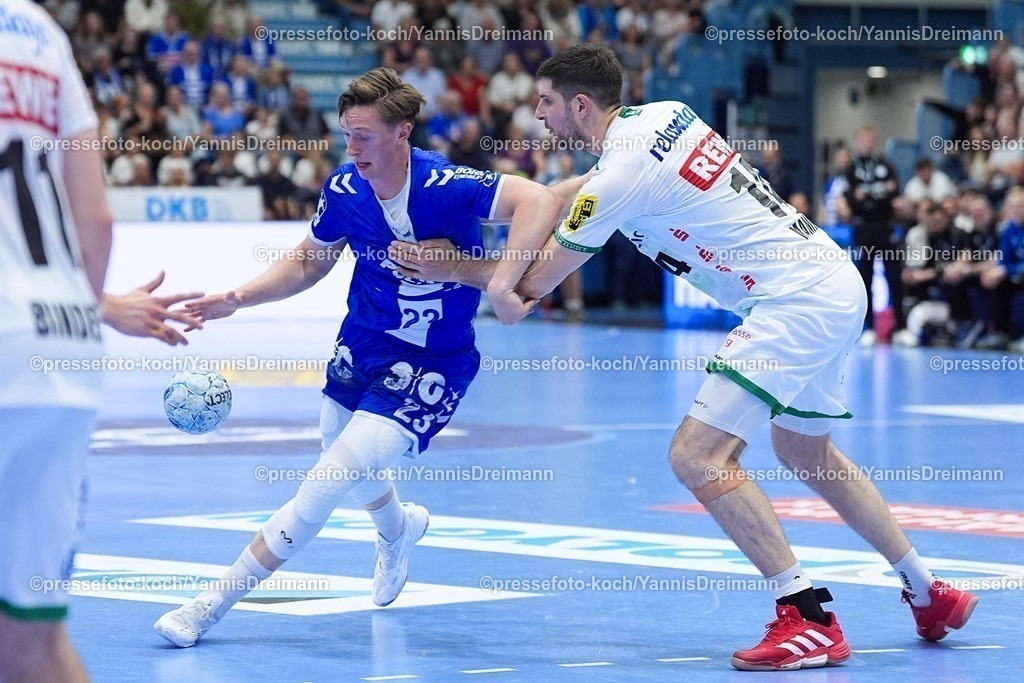 xYDR31052501022 | 31.05.2025, xydrx, Handball, 1.HBL, VFL Gummersbach - SC DHfK Leipzig, Schwalbe-Arena: Ole Pregler (VFL Gummersbach #23) im Zweikampf gegen Marko Mamic (SC DHfK Leipzig #14)