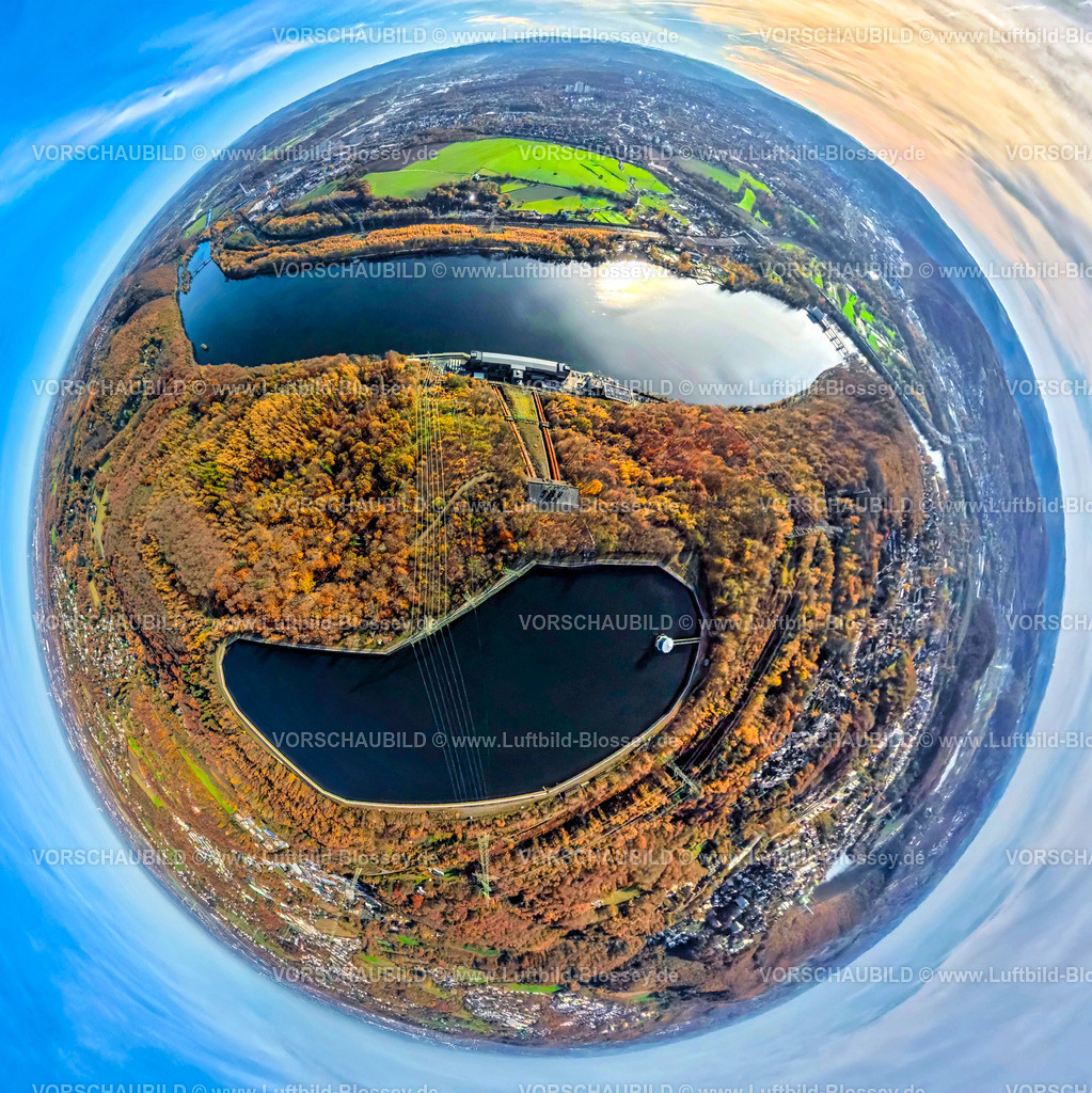 Herdecke251104597-2 | Luftbild, Ardeygebirge Wald und Hengsteysee, Köpchenwerk mit RWE Pumpspeicherbecken Herdecke, Blick nach Hagen-Boele, Bäume in Herbstfarben, Erdkugel, Fisheye Aufnahme, Fischaugen Aufnahme, 360 Grad Aufnahme, tiny world, little planet, fisheye Bild, , Herdecke, Ruhrgebiet, Nordrhein-Westfalen, Deutschland