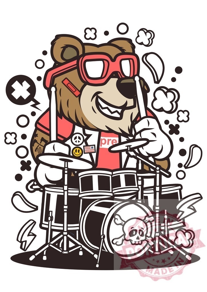 Cool cartoon bear drummer playing rock music | Cartoon bear wearing sunglasses and a headscarf playing a drum kit - Realized with Pictrs.com