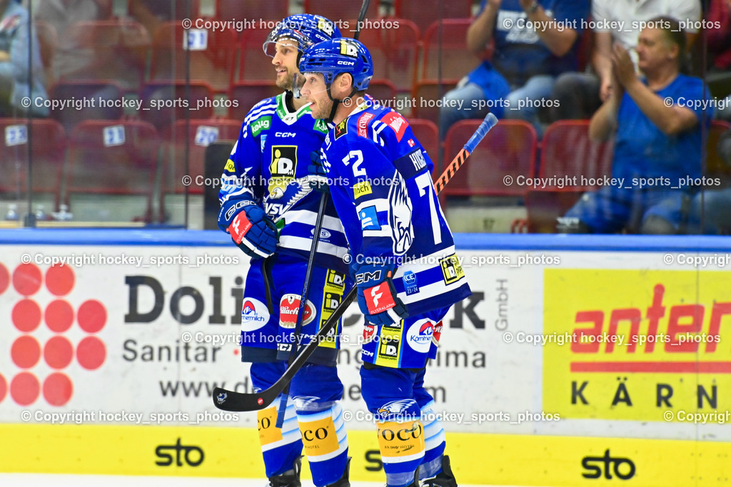 EC IDM Wärmepumpen VSV vs. HC Pustertal 8.9.2023 | #72 HUGHES John, Jubel EC VSV Mannschaft, #46 WALL Alex