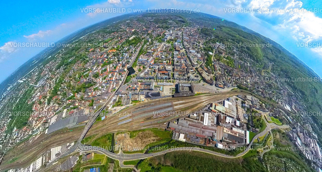 Hagen230520043Hauptbahnhof | Luftbild, Hagen Hauptbahnhof, Erdkugel, Fisheye Aufnahme, Fischaugen Aufnahme, 360 Grad Aufnahme, Mittelstadt, Hagen, Sauerland, Nordrhein-Westfalen, Deutschland