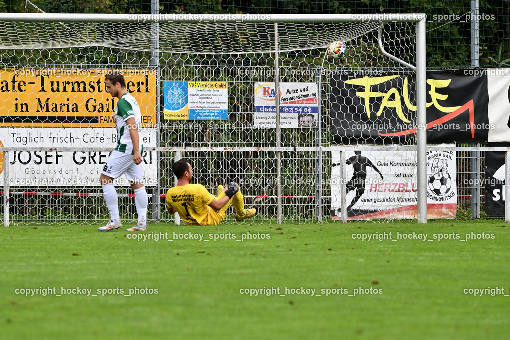 SV Falle Maria Gail vs. SV Feldkirchen | #6 Michael Tammegger SV Feldkirchen, #1 Hans Joachim Thamer SV Feldkirchen, Tor SV Maria Gail, SV Falle Maria Gail vs. SV Feldkirchen, SV Falle Maria Gail vs. SV Feldkirchen am 14.09.2025 in Villach (Sportplatz Maria gail), Austria, (Photo by Bernd Stefan)