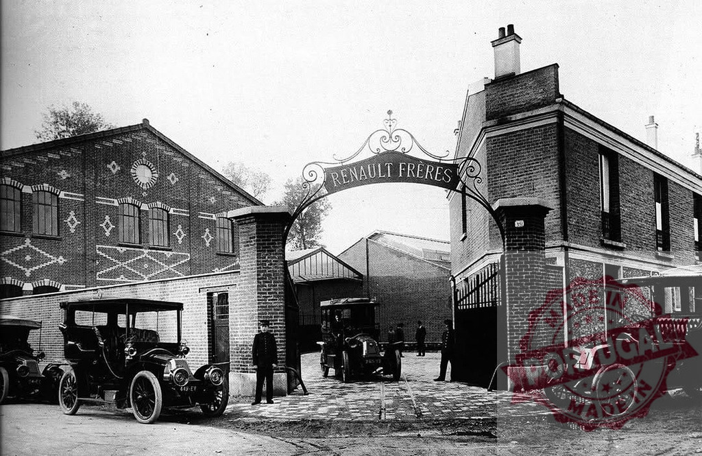 Renault Frères factory gate in Billancourt early 20th century | Vintage Renault Frères factory entrance with early automobiles and workers in Billancourt - Realized with Pictrs.com