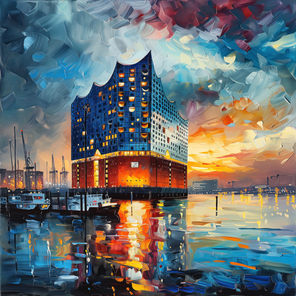 10240101 - Elbphilharmonie wie gemalt | Fantasievolles Motiv der Elbphilharmonie bei Nacht im Stil eines Gemäldes.