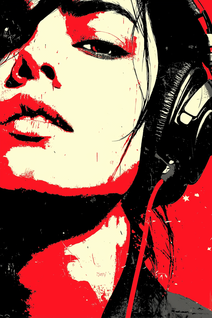 Poster: HER FREQUENCY – The Detail – Lost in sound. Found in herself. | Close-up einer Frau mit Kopfhörern in Schwarz-Weiß-Rot – minimalistisches Musikposter aus der Kollektion HER FREQUENCY - Realisiert mit Pictrs.com