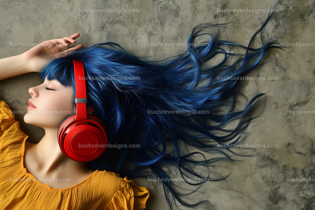 Gesicht einer Frau mit Kopfhörer (73) | face with blue colored hairs spread over the entire surface of the image, with a red headphone - close up - studio light - true strong colors - high detail --chaos 5 --ar 3:2 --stylize 50 --weird 200 --v 6.1 Job ID: 20600cdb-8ca2-4009-87b3-268d6aa4c712